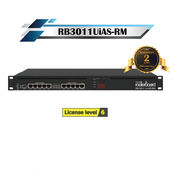 MikroTik รุ่น RB3011UiAS-RM ซีพียู 2 cores x 1.4 GHz  พอร์ต LAN แบบ Gigabit ทำงานแยก 2 Chipset พร้อม SFP 1 Port รองรับ USB3.0 สามารถต่อ External ได้ (HDD,3G-4G USB)